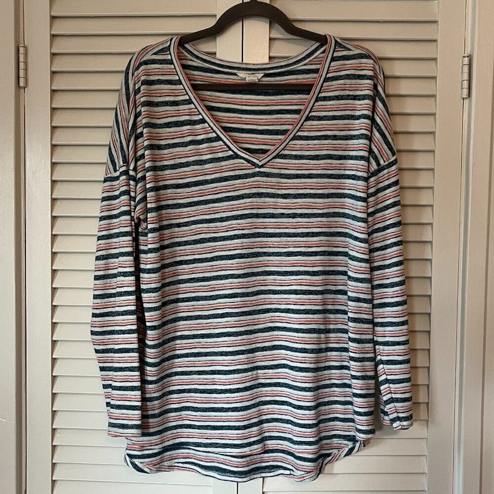 Caslon women's t-shirt large striped long sleeved v-neck blue orange white